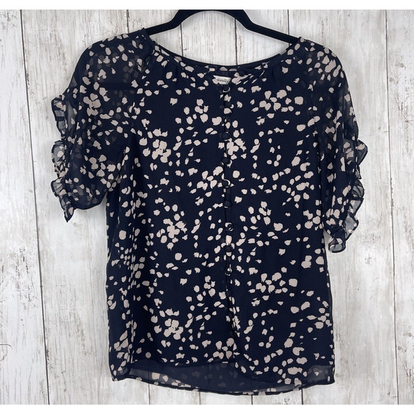 Madewell Tops - Madewell Top Women XXS Memento Short Ruffle Sleeve Top Blouse Navy Blue Printed